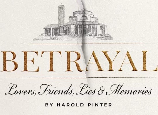 Cover of the play 'Betrayal' by Harold Pinter, featuring the title in large gold letters and a stylized drawing of a building in the background.