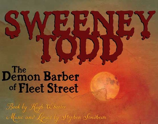 Promotional poster for 'Sweeney Todd: The Demon Barber of Fleet Street' featuring a dark, moody background with a large orange moon. The title is prominently displayed in bold red lettering, with credits for the book, music, and lyrics below.